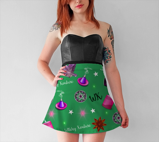 WK #ModernWitchLife Green Print Flare Skirt